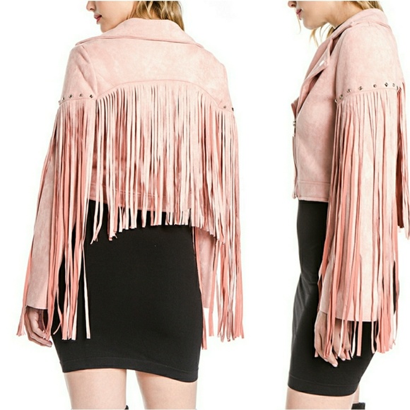 JACKET PINK FAUX SUEDE FRINGE JACKET - Picture 3 of 4
